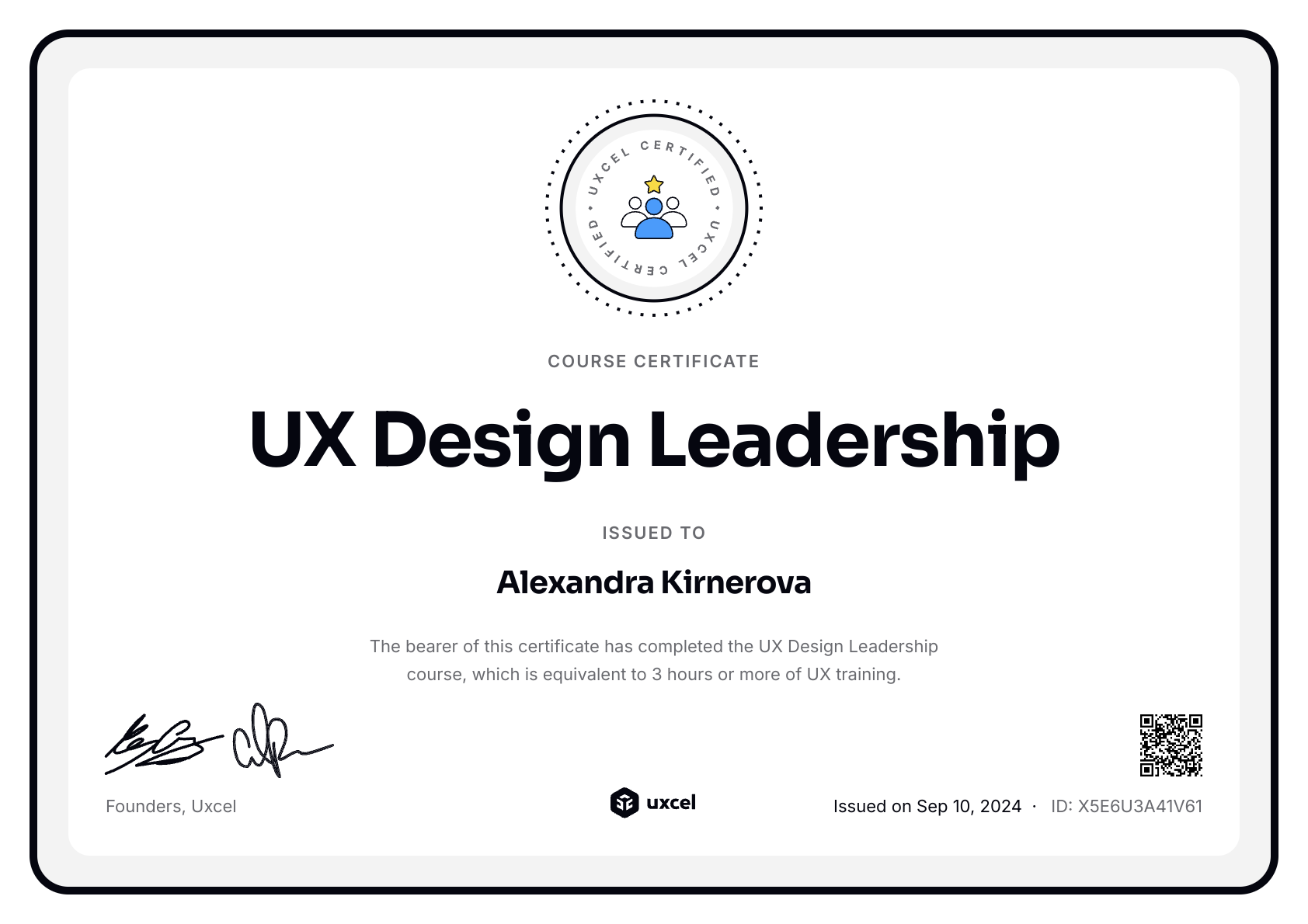 Alexandra Kirnerova's certificate